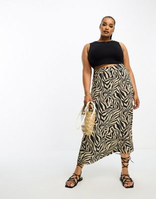 Only Curve Side Slit Midi Skirt In Brown Zebra-multi