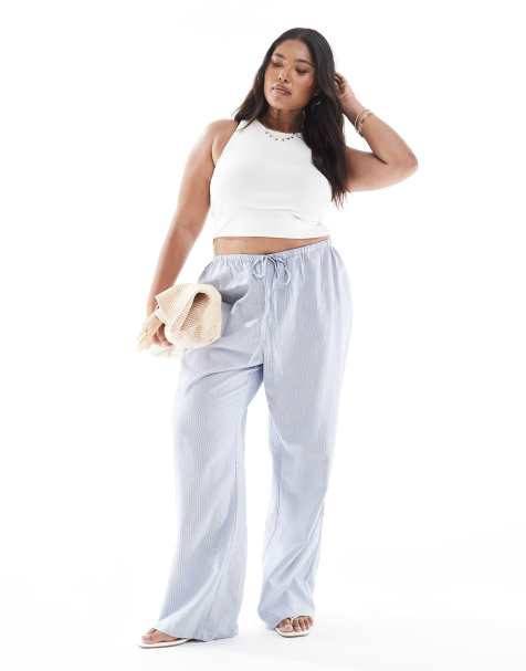 ONLY Curve side tie wide leg trousers in light blue stripes - view 1