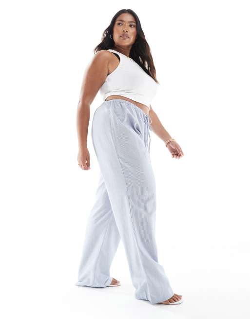 ONLY Curve side tie wide leg trousers in light blue stripes, 3 of 5