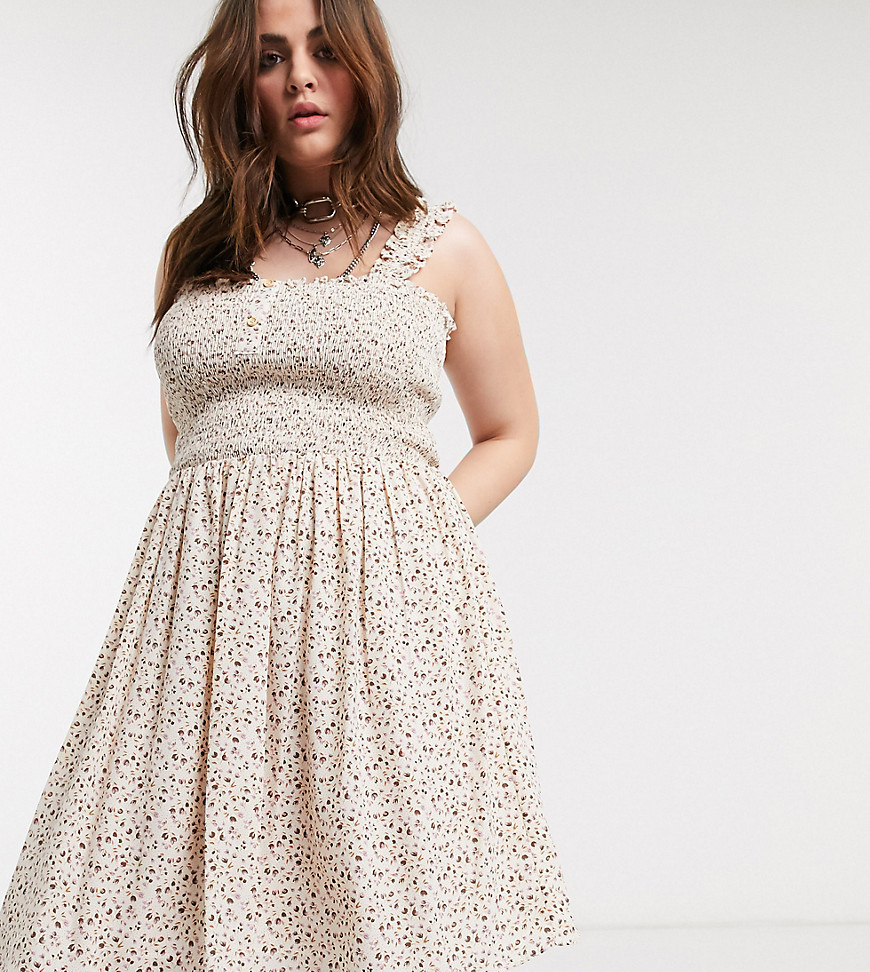 Only Curve skater dress with shirred detail in cream floral-Multi