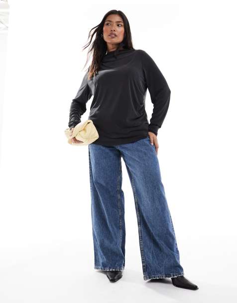 ONLY Curve slinky long sleeve top with ruched neck detail in charcoal - view 1