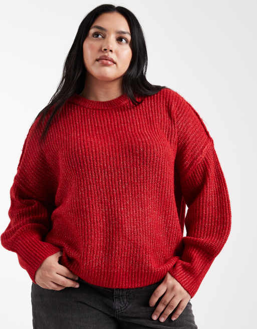 ONLY Curve slouchy stripe jumper in burgundy