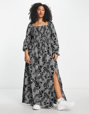 Only Curve smock maxi dress with side split in mono paisley print