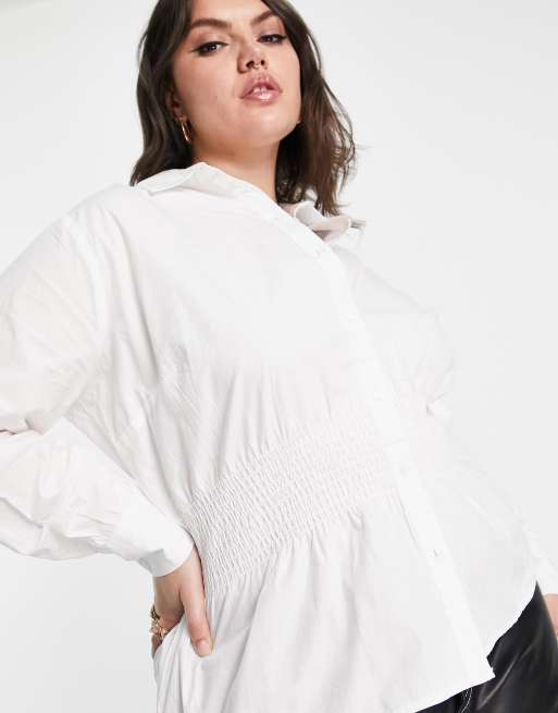 Only Curve smock shirt with shirred detail in white, 4 of 4
