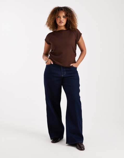 ONLY Curve Snow high waist wide leg jeans in dark blue