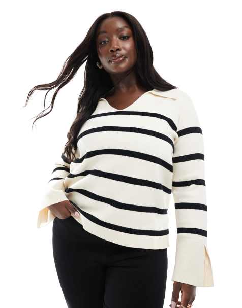 ONLY Curve split neck knit sweater in white with black stripes - view 1