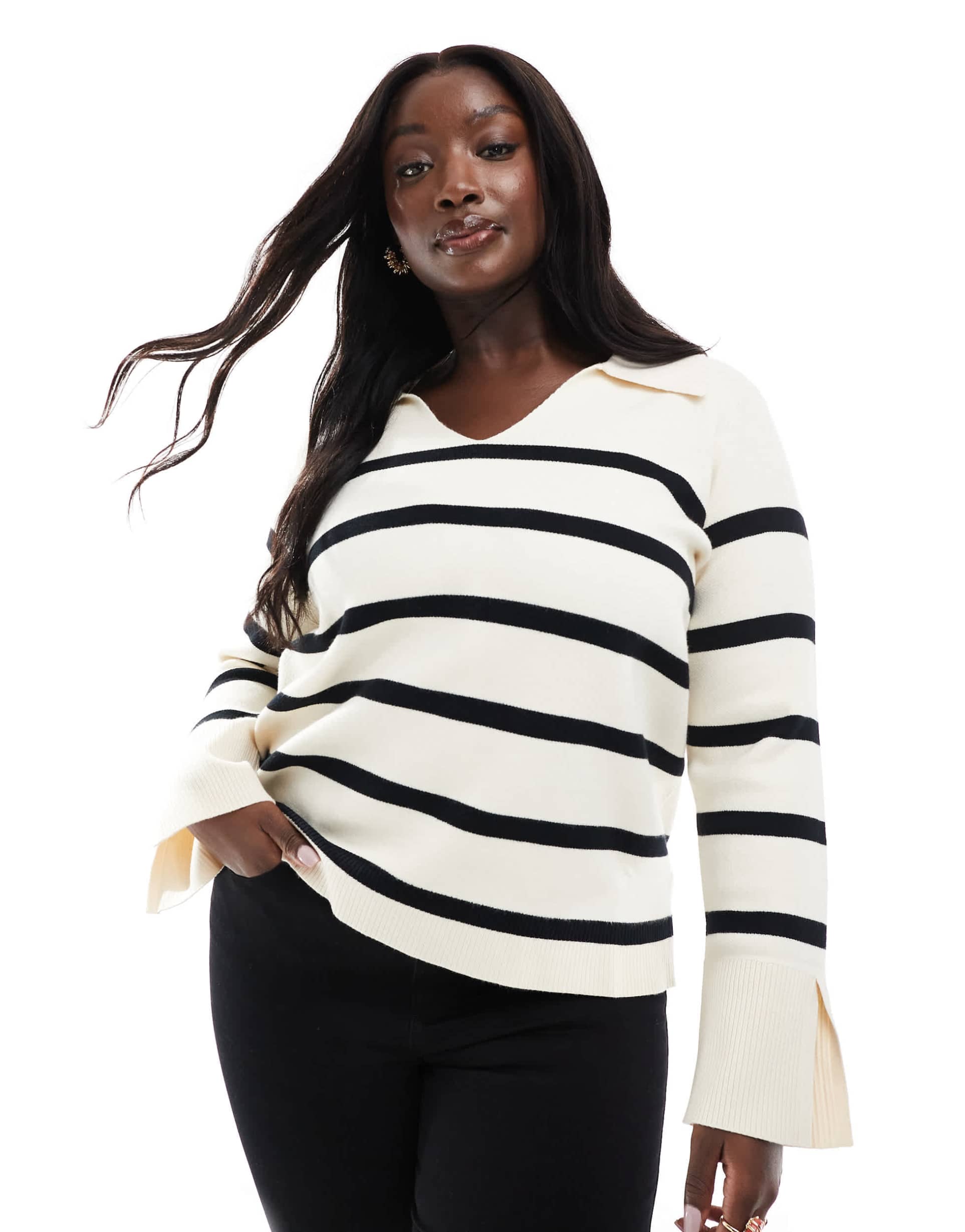 only curve split neck knit sweater in white with black stripes
