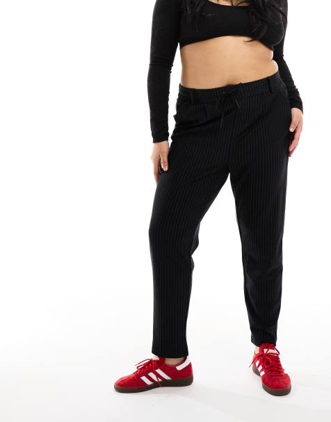 PrettyLittleThing Plus exclusive high waist peg trousers with contrast zip  in black pinstripe