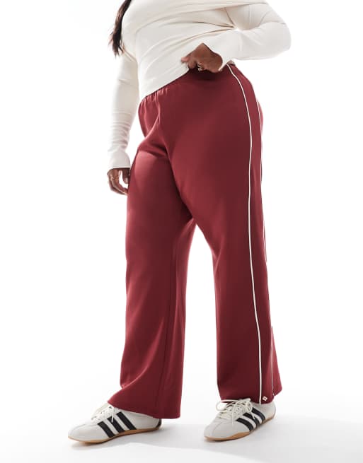 ONLY Curve straight leg pants with contrast piping in burgundy, 2 of 5