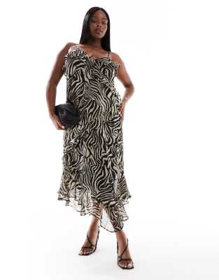 Only Curve Strappy Frill Maxi Dress In Zebra-black