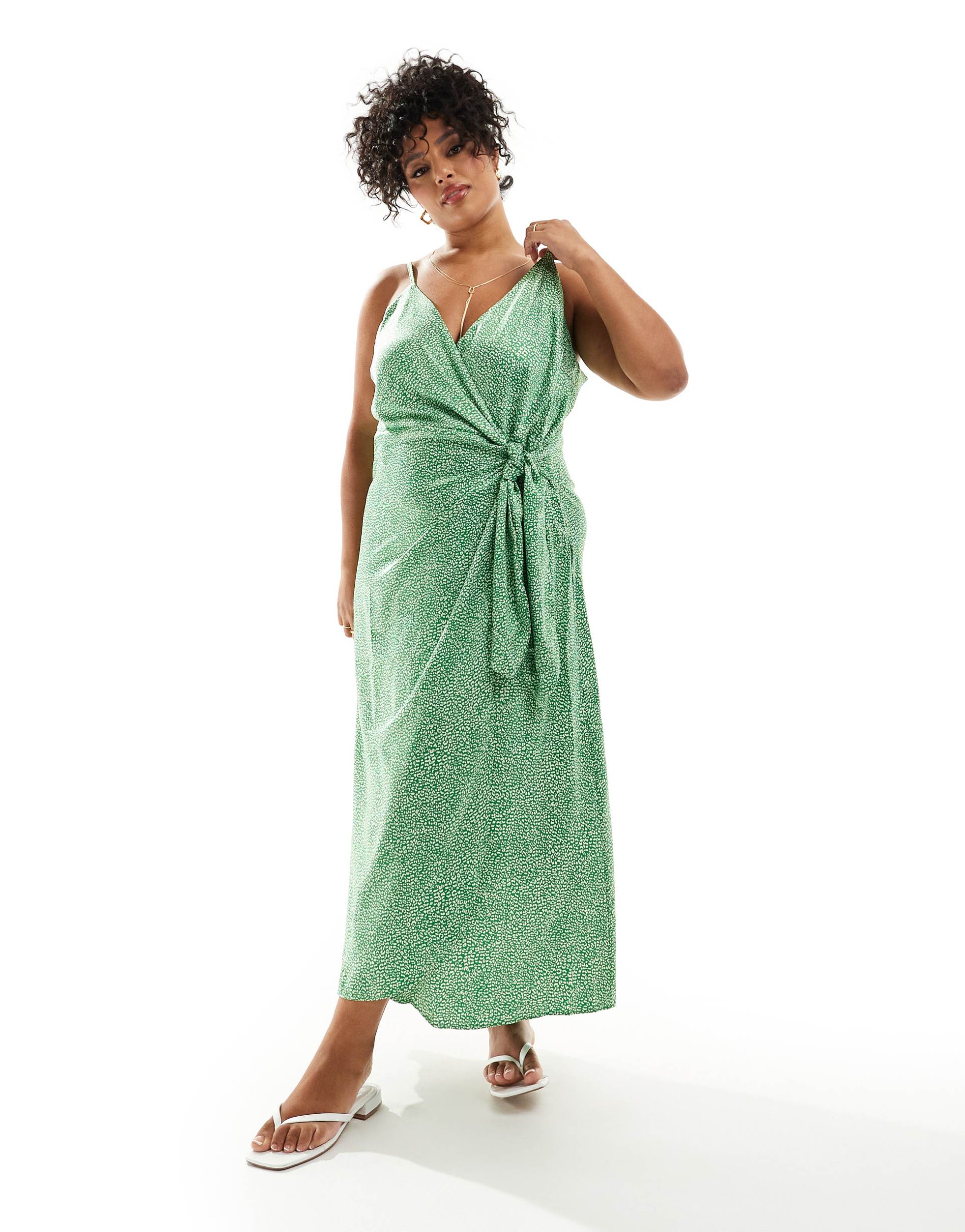 only curve strappy wrap dress in green mini leopard