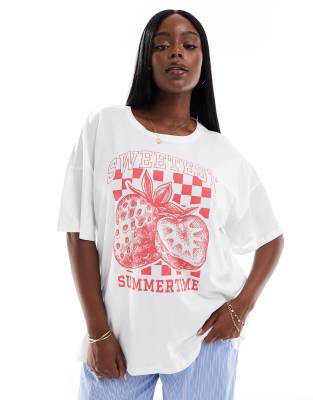 Only Curve Strawberry Graphic Oversized T-shirt In White