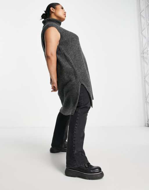 Only Curve - Strikket grå longline-vest med rullekrave, 2 af 4