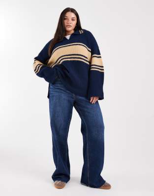 Only Curve Stripes Knitted Polo In Blue