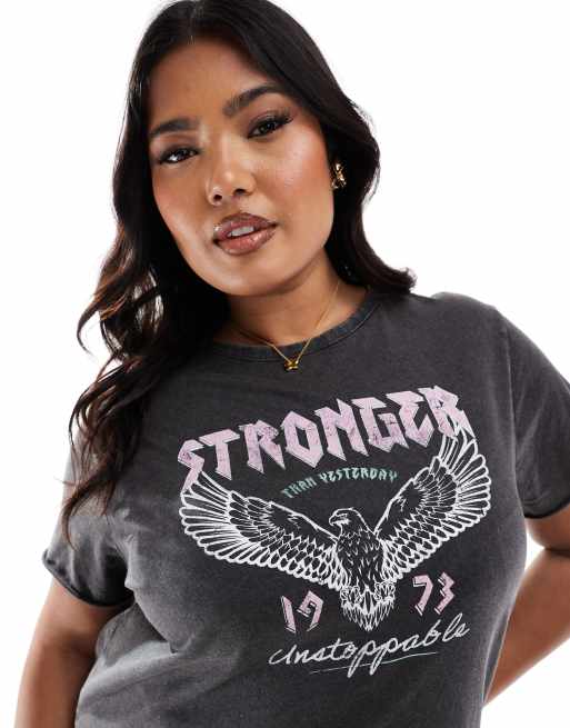 ONLY Curve Stronger print t-shirt dress in black, 2 of 4