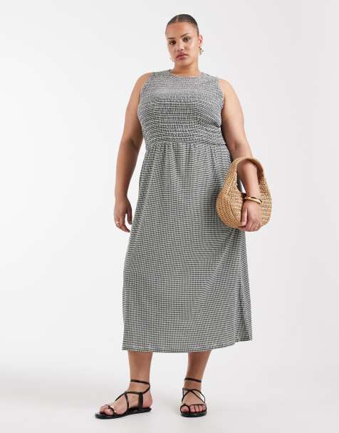 ONLY Curve – Svart, ginghamrutig midaxiklänning med smock - view 1