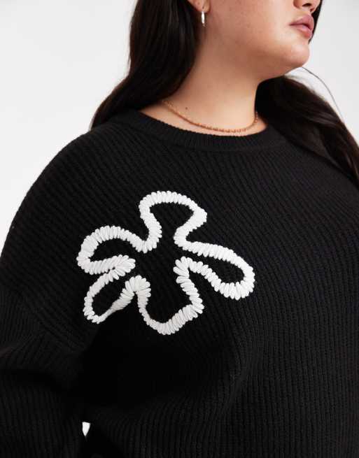ONLY Curve – Svart tröja med blommiga sömmar, 3 av 4