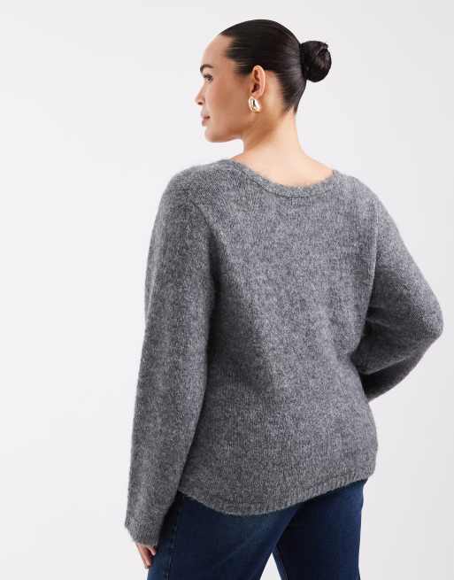 ONLY Curve sweter dzianinowy z kopertowym przodem w średnioszarym kolorze, 4 z 4