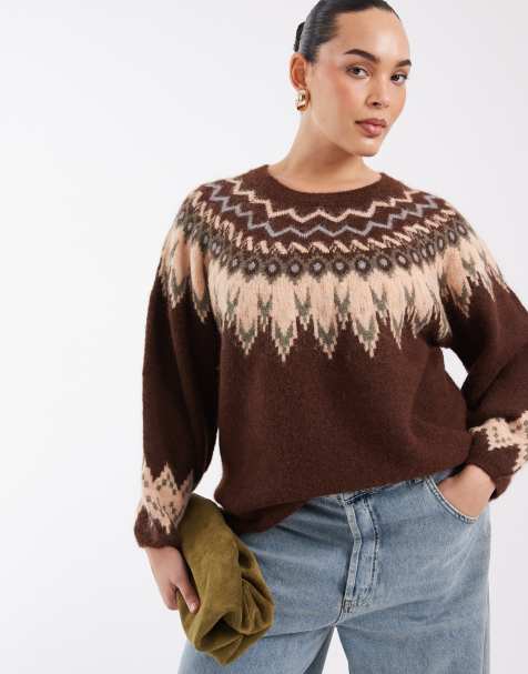 ONLY Curve sweter dzianinowy ze wzorem Fair Isle w kolorze czekoladowobrązowym - view 1