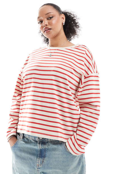 Only Curve - T-shirt a maniche lunghe color panna e rossa a righe - view 1