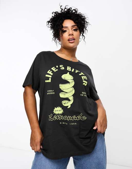 Only Curve - T-shirt i sort vask med firkantet pasform og lemonade-grafik 