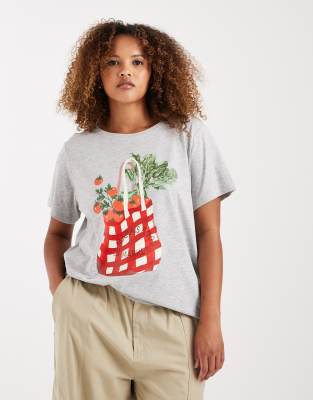 ONLY Curve - T-Shirt in Hellgrau mit Tomaten-Grafikprint