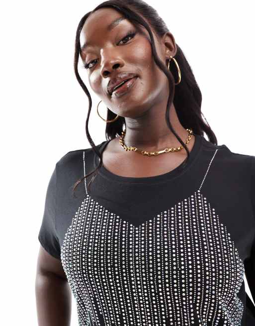 ONLY Curve – T-Shirt in Schwarz mit Strass-Detail, 2 von 4