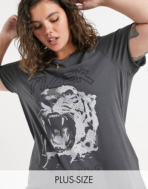 stil Albany weekend Only Curve - T-shirt met tijgerprint in zwarte wassing | ASOS