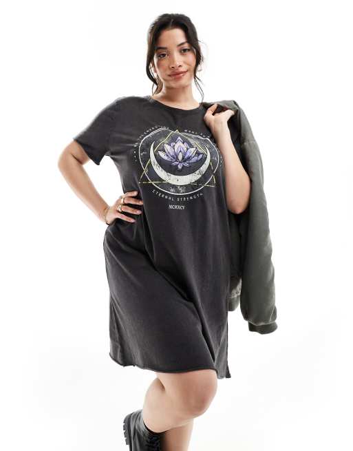 ONLY Curve - T-shirt-minikjole med lotusgrafik i forvasket sort , 2 af 4