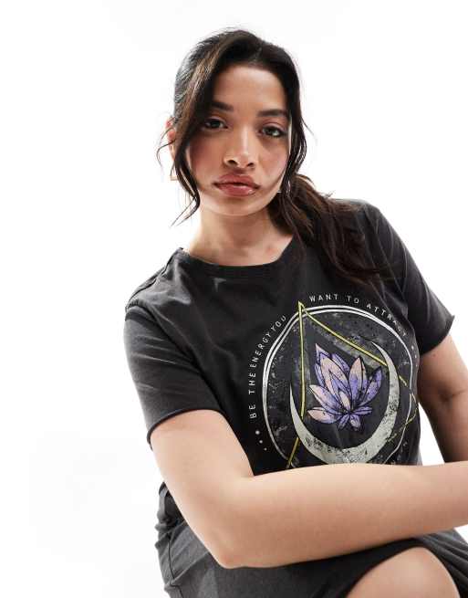 ONLY Curve - T-shirt-minikjole med lotusgrafik i forvasket sort , 3 af 4