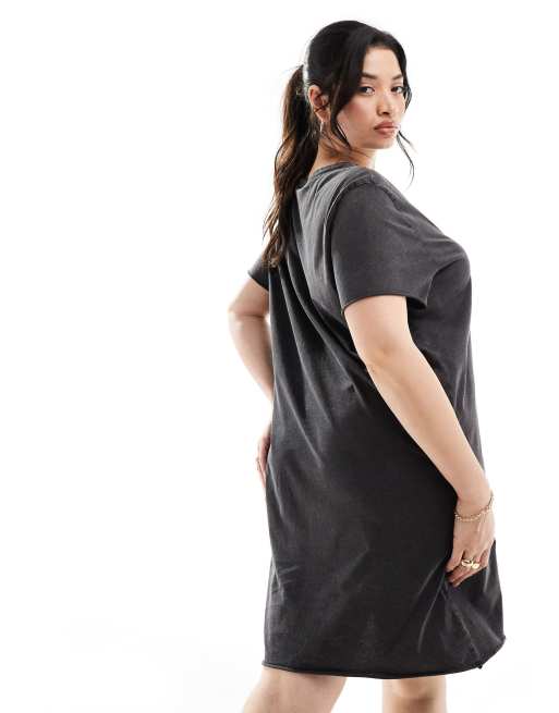 ONLY Curve - T-shirt-minikjole med lotusgrafik i forvasket sort , 4 af 4