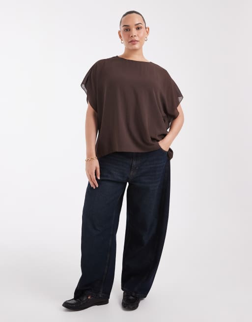 ONLY Curve T-Shirt mit Mesh-Overlay in Schokobraun, 2 von 4
