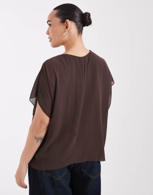ONLY Curve T-Shirt mit Mesh-Overlay in Schokobraun, 4 von 4
