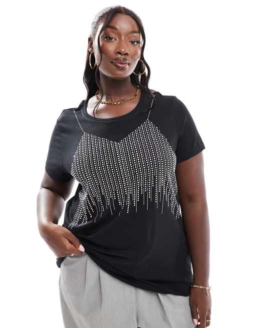 ONLY Curve - T-shirt nera con dettaglio di pietre sintetiche