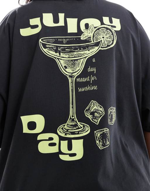 ONLY Curve - T-shirt oversize à imprimé cocktail et Juicy dans le dos - Noir délavé , 3 de 4