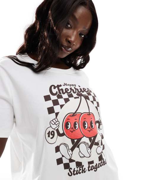 ONLY Curve - T-shirt squadrata bianca con stampa di ciliegia - view 1