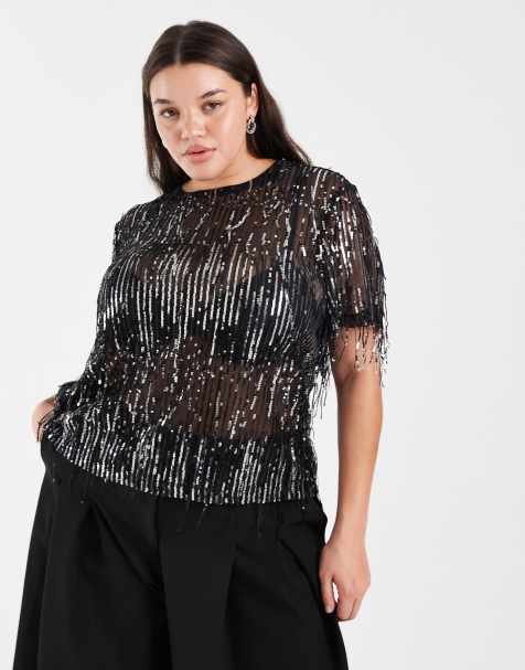 ONLY Curve tassle sequin mesh top in black - view 1