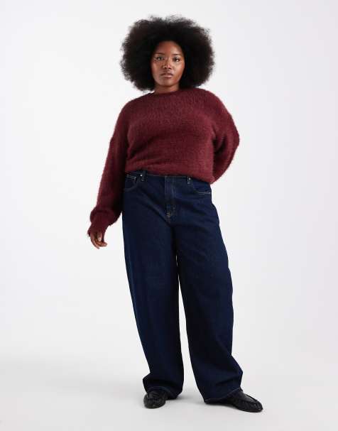 ONLY Curve Taylor high waist barrel jeans in rinsed dark blue
