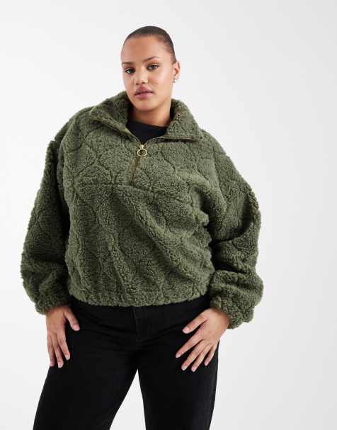 ONLY Curve teddy boxy fleece in dark green - view 1