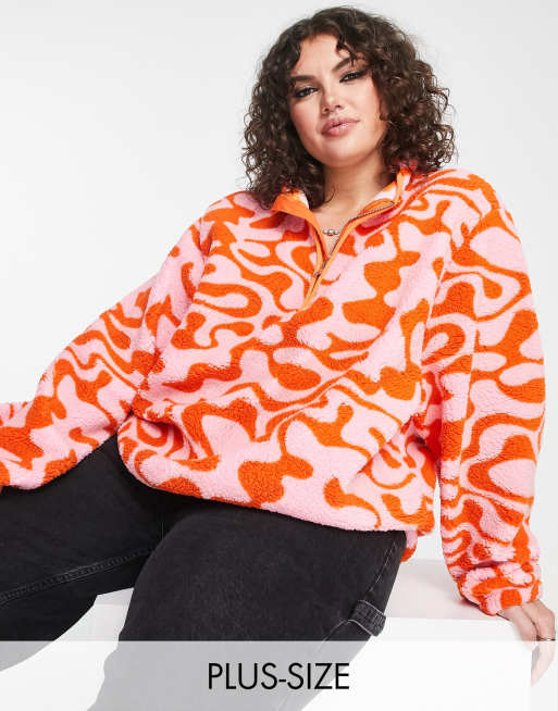 Only Curve teddy half zip fleece in red and pink swirl