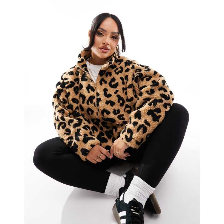 Only Curve teddy half-zip fleece jumper in leopard print ASOS