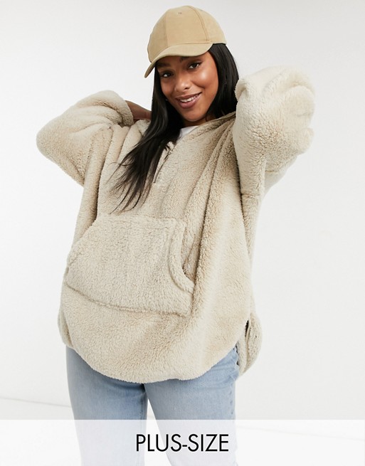 Only Curve teddy hoodie with zip neck in beige