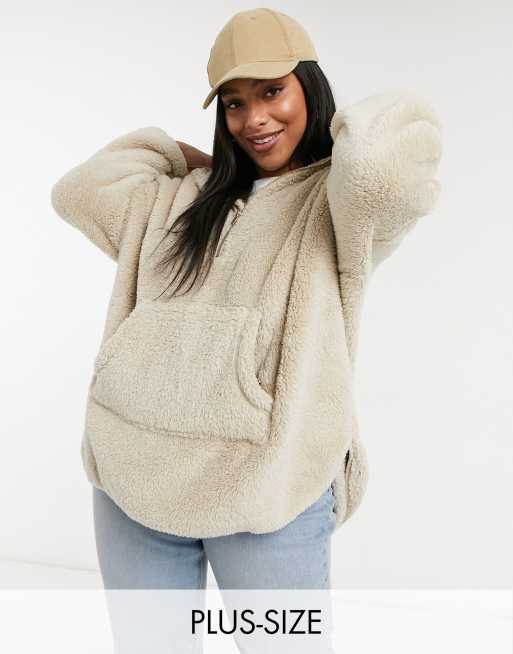 Oversized teddy hoodie with pockets - beige