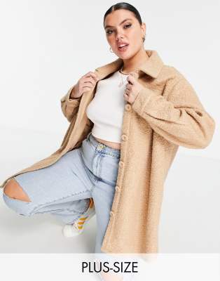 Only Curve teddy oversized shacket in beige - ASOS Price Checker