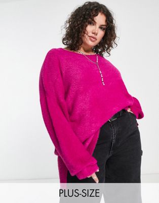 Only Curve textured crew neck jumper in bright pink