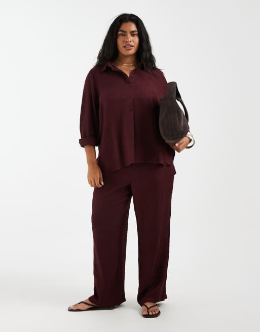 ONLY Curve textured long sleeve shirt in burgundy - part of a set, 2 of 4