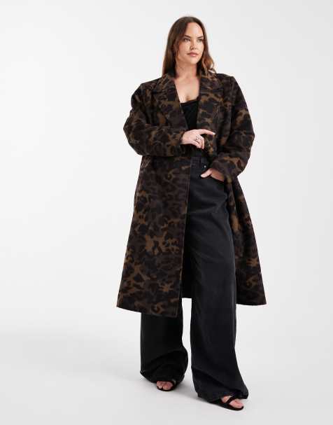 ONLY Curve textured maxi coat in brown animal print