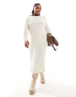 textured midaxi knitted dress in cream-Neutral