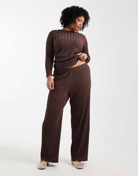 ONLY Curve textured pants in chocolate brown - part of a set - view 1