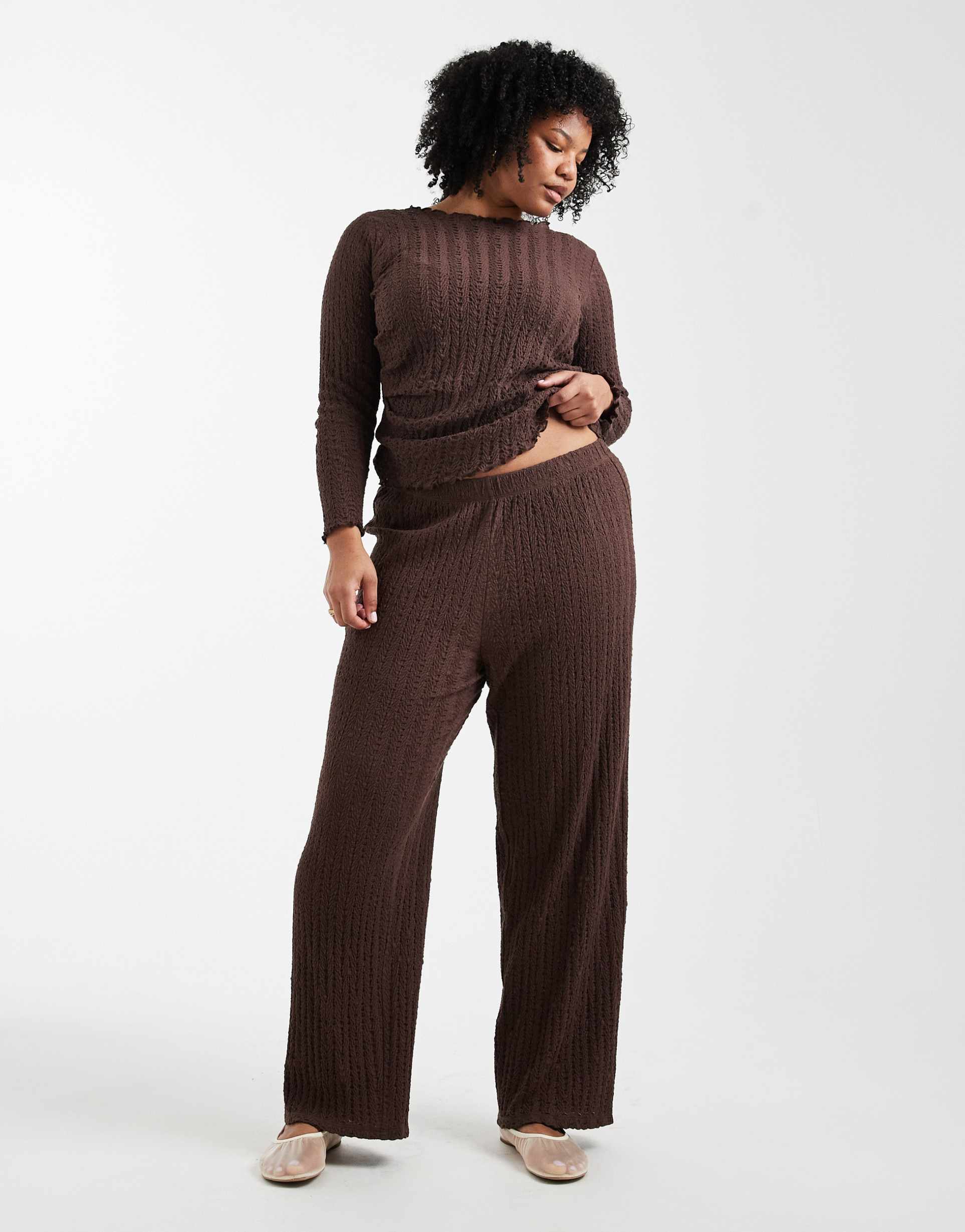 only curve textured pants in chocolate brown - part of a set